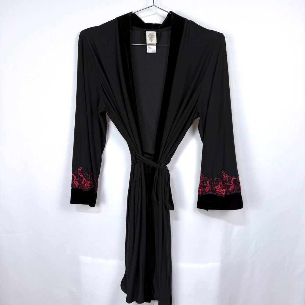 In Bloom by Jonquil Robe Women's XL Black Red Floral Maxi Velvet Sleeve Collar